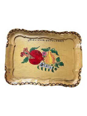 Vintage Hand Painted Wooden Tray Souvenir Casteldaccia Italy Folk Art 12x9